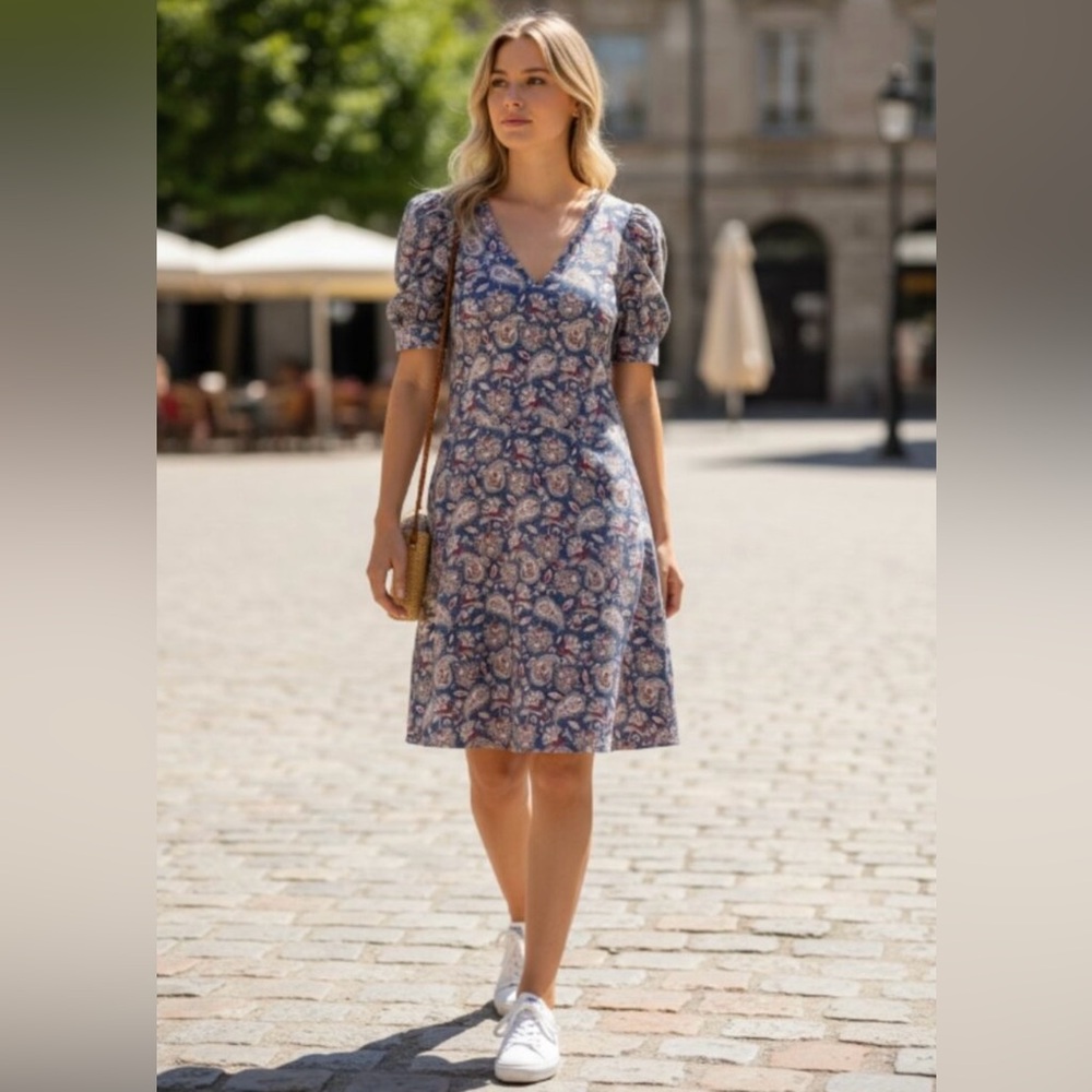 BODEN V-Neck Short Puff Sleeve Jersey Mini Dress Navy Paisley Terrace‎ Size 12L